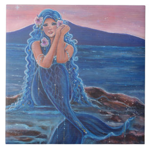 Daydreamer blue mermaid by Renee Lavoie Ceramic Tile