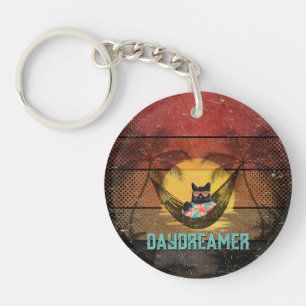 Daydreaming Cool Cat's Tropical Escape Round Keychain