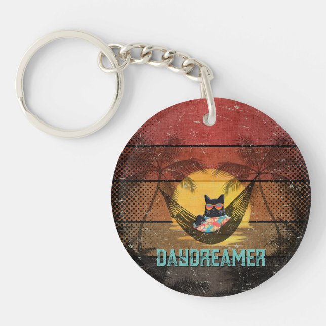 Daydreaming Cool Cat's Tropical Escape Round Keychain (Front)