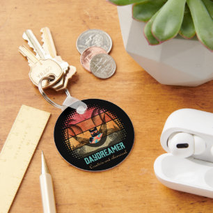 Daydreaming Cool Cat's Tropical Escape round Keychain