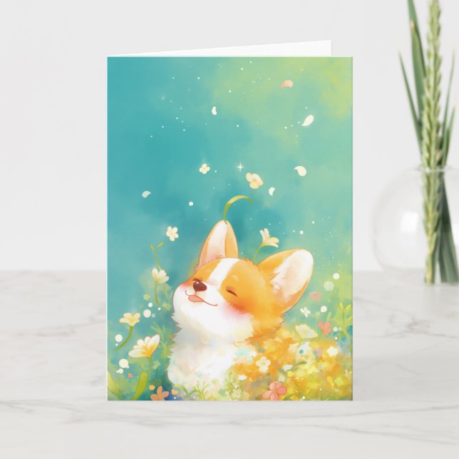 Daydreaming Corgi Surrounded by Flowers Card (Front)