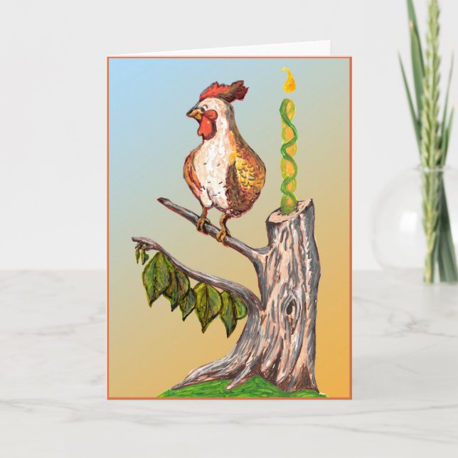 Daylight Savings Rooster & Candle Tree Stump Card (Front)