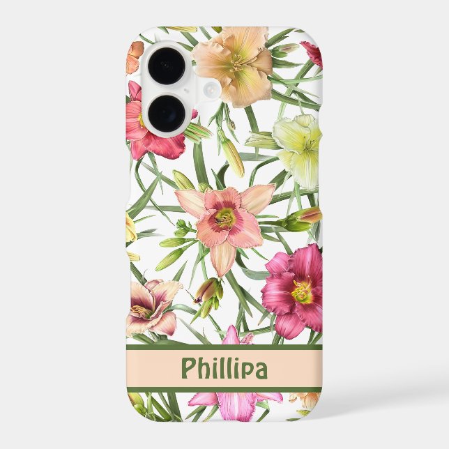 Daylilies All Over Botanical Pattern Personalized iPhone Case (Back)