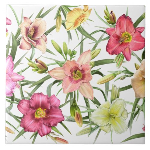 Daylilies All Over Floral Botanical Art Design Ceramic Tile