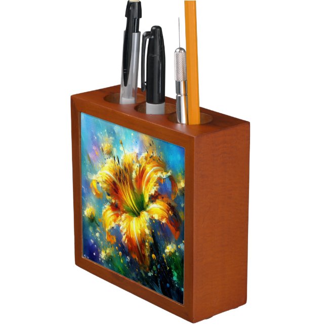 Daylily Daylilies Flower Yellow Teal Impressionist Desk Organizer (In Situ)