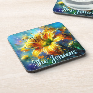 Daylily Daylilies Flower Yellow Teal Personalized Beverage Coaster