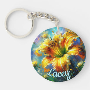 Daylily Daylilies Flower Yellow Teal Personalized Keychain