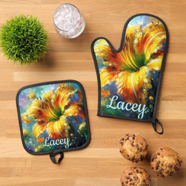 Daylily Daylilies Flower Yellow Teal Personalized Oven Mitt & Pot Holder Set (Top Down)
