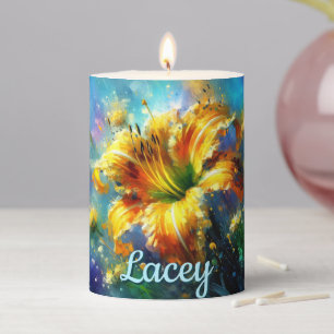 Daylily Daylilies Flower Yellow Teal Personalized Pillar Candle