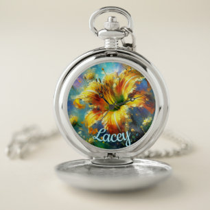 Daylily Daylilies Flower Yellow Teal Personalized Pocket Watch