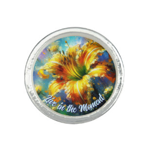 Daylily Daylilies Flower Yellow Teal Personalized Ring