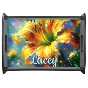 Daylily Daylilies Flower Yellow Teal Personalized Serving Tray