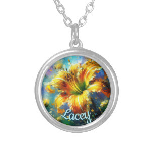 Daylily Daylilies Flower Yellow Teal Personalized Silver Plated Necklace