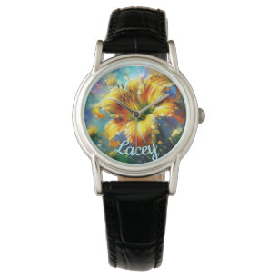 Daylily Daylilies Flower Yellow Teal Personalized Watch