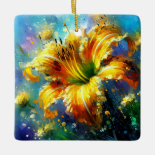 Daylily Floral Impressionistic Painting Yellow Ceramic Ornament