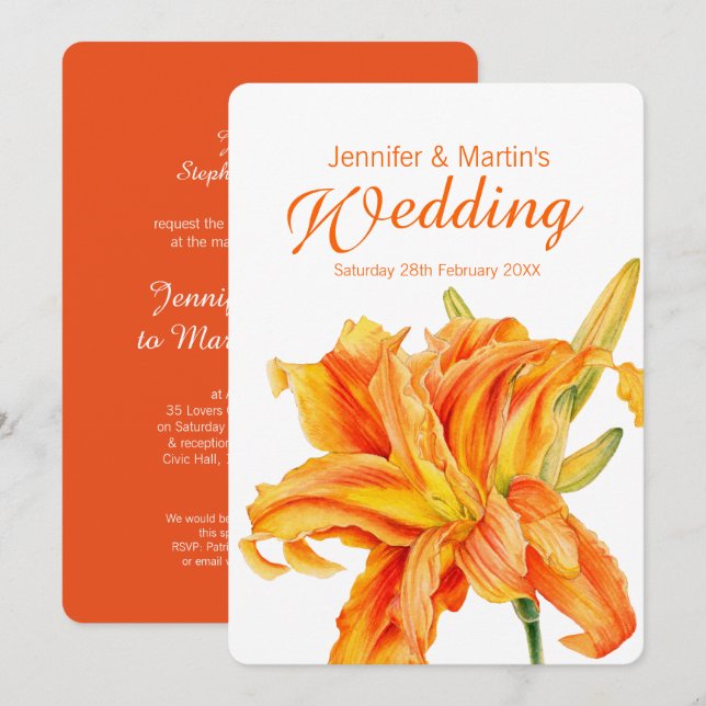 Daylily Hemerocallis floral orange art wedding Invitation (Front/Back)