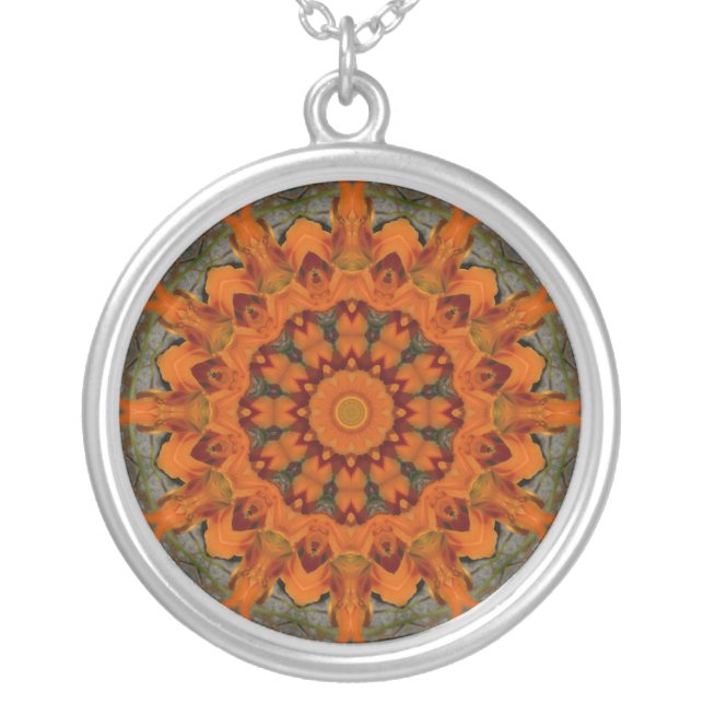 Daylily Orange Mandala Silver Plated Necklace (Front)