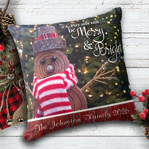 Days Be Merry and Bright Cute Rustic Snowman Name Throw Pillow