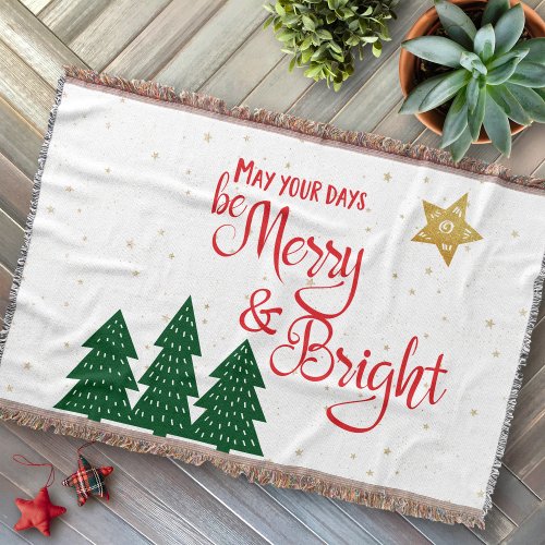 Days Be Merry Bright Calligraphy Gold Star Trees Throw Blanket