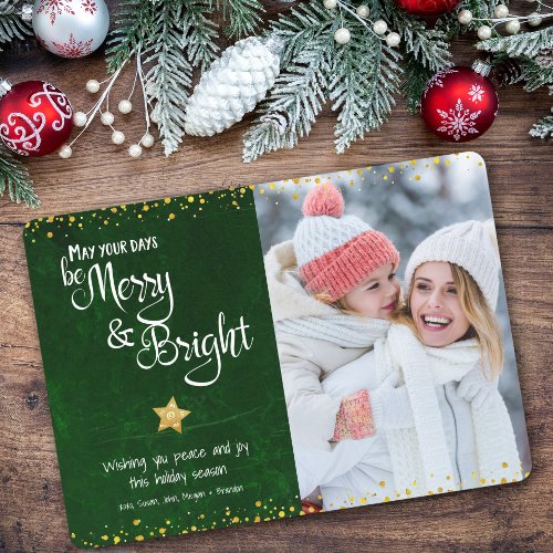 Days Be Merry Bright Custom Photo Gold Star Green Holiday Card