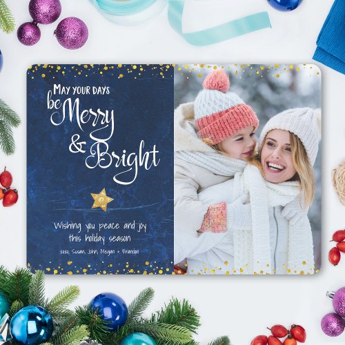 Days Be Merry Bright Gold Glitter Star Photo Blue Holiday Card