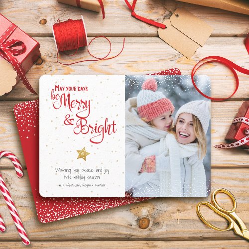 Days Be Merry Bright Gold Star Rustic Custom Photo Holiday Card