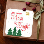 Days Be Merry Bright Quote Trees Gold Star Script Square Sticker<br><div class="desc">“May your days be merry & bright.” A playful illustration of a red script typography quote gold glitter star, and green trees against a tiny gold star and white background helps you usher in Christmas and New Year. Feel the warmth and joy of the holiday season whenever you use this...</div>