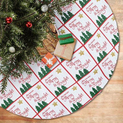 Days Be Merry Bright Red Script Gold Star Trees Brushed Polyester Tree Skirt