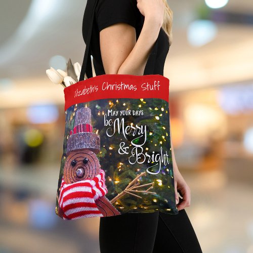 Days Be Merry Bright Rustic Christmas Snowman Name Tote Bag