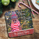 Days Be Merry Bright Rustic Snowman Custom Name Beverage Coaster<br><div class="desc">“May your days be merry & bright.” A close-up photo of a happy and cute, rustic log snowman, wrapped in a red and white striped scarf against lighted trees helps you usher in Christmas and New Year. Feel the warmth and joy of the holiday season whenever you relax with your...</div>