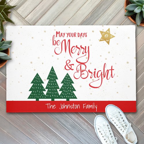 Days Be Merry Bright Script Bold Trees Gold Star Doormat