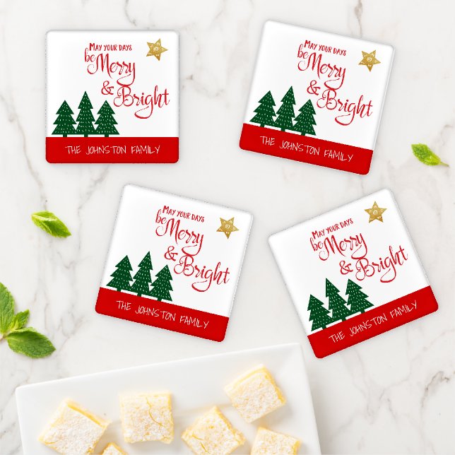 Days Be Merry Bright Script Green Trees Gold Star Coaster Set (In Situ)