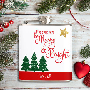 Days Be Merry Bright Script Green Trees Gold Star Flask
