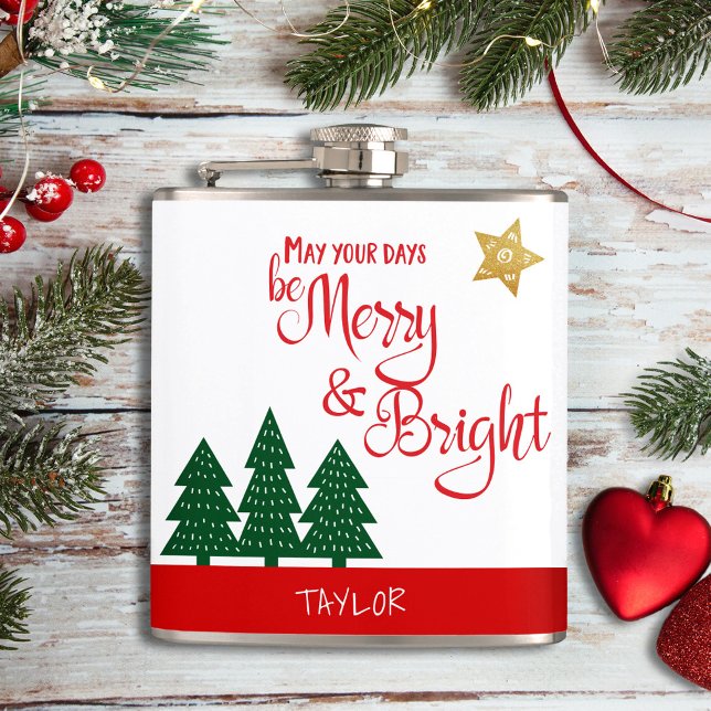 Days Be Merry Bright Script Green Trees Gold Star Flask (Creator Uploaded)