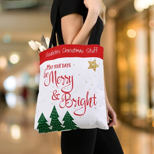 Days Be Merry Bright Trees Gold Star Custom Name Tote Bag