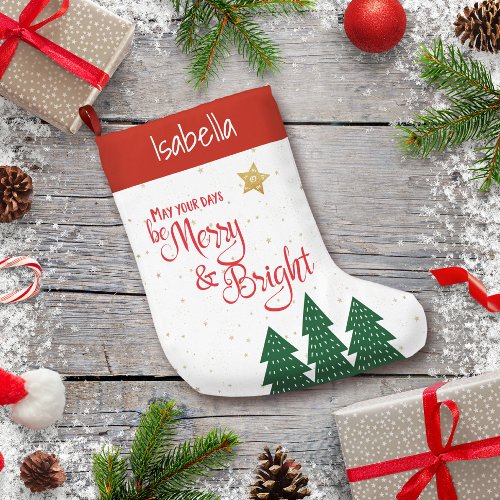 Days Be Merry Bright Trees Gold Star Typography Small Christmas Stocking