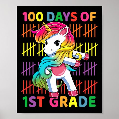 Days Of 1st Grade Unicorn Flossing 100th Day Of Sc Poster