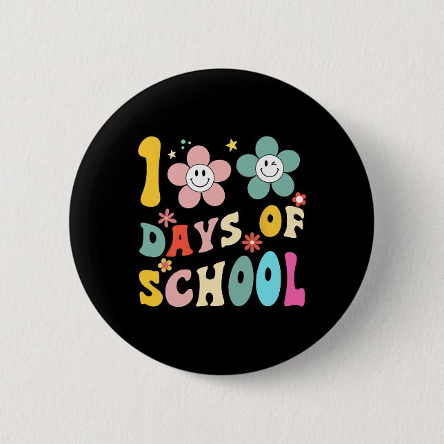 Days Of School Groovy 100th Day School Teacher Kid Button (Front)