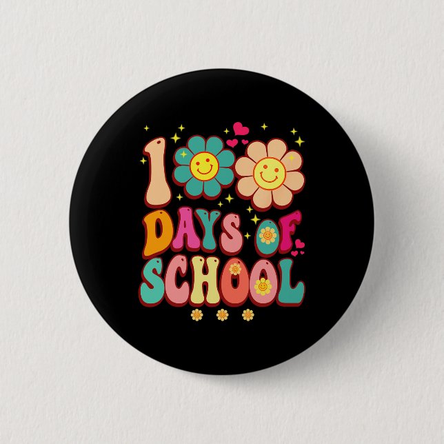 Days Of School Groovy Retro 100th Day Teacher Cute Button (Front)