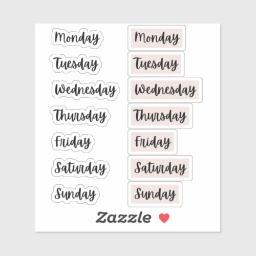 Days of the Week Bullet Journal Stickers  Pink 