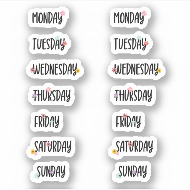 Days of the Week Cute Floral Black Handwriting Sticker (Front)