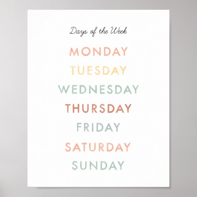 Days of the Week Montessori Classroom Art  Poster (Front)
