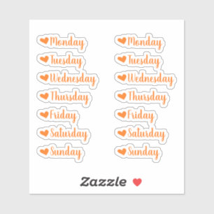 Days of the Week Orange Heart Planner Stickers