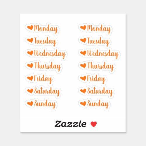 Days of the Week Orange Heart Planner Stickers