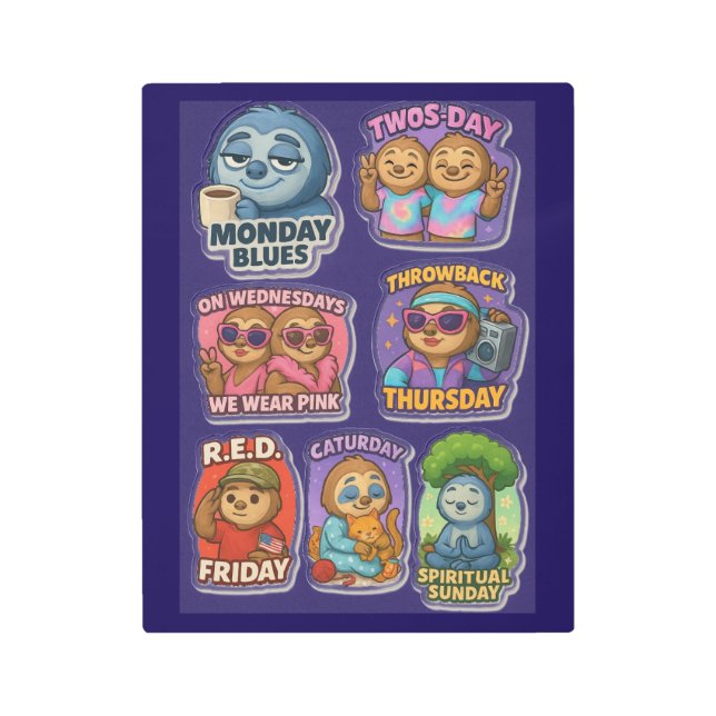 Days of the Week with Sloth  Metal Print (Front)