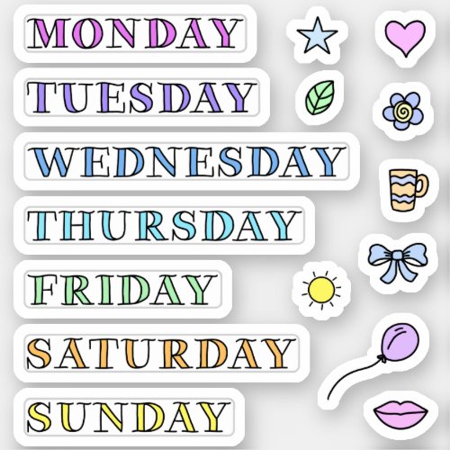 Days of Week and Doodles Custom Cut Stickers 3x3