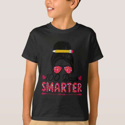 Days Smarter Girls Messy Bun Hair 100th Day Of Sch T_Shirt