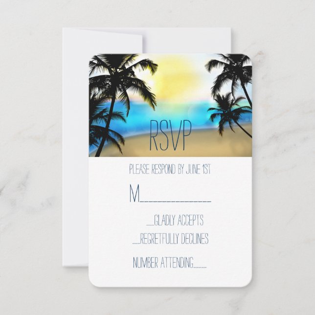 Daytime Beach & Palm Trees Beach Wedding RSVP Card (Front)