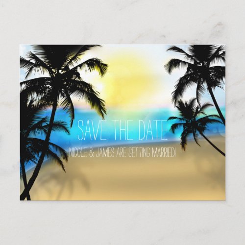Daytime Beach  Palm Trees Save The Date Postcard