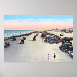 Daytona Beach Florida Beach Scene with Vintage Car Poster